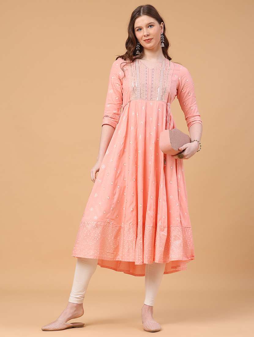 women printed three quarter sleeve flared kurta  - 22184599 -  Standard Image - 2