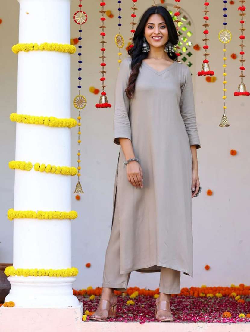 women solid three quarter sleeve kurta pant with dupatta set - 22185059 -  Standard Image - 2