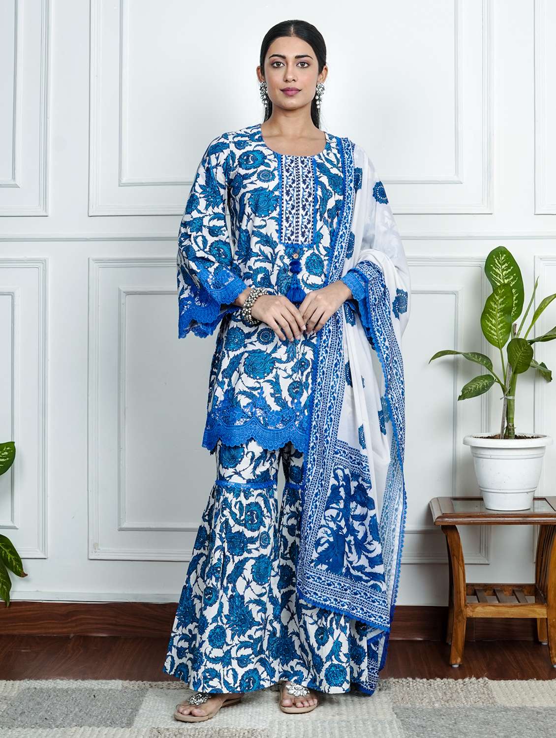 women floral long sleeve kurta sharara with dupatta set