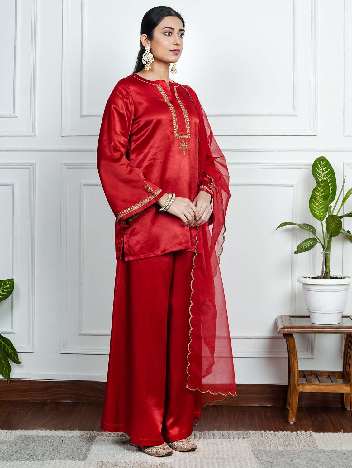 women solid with work long sleeve kurta palazzo with dupatta set - 22185067 -  Standard Image - 2