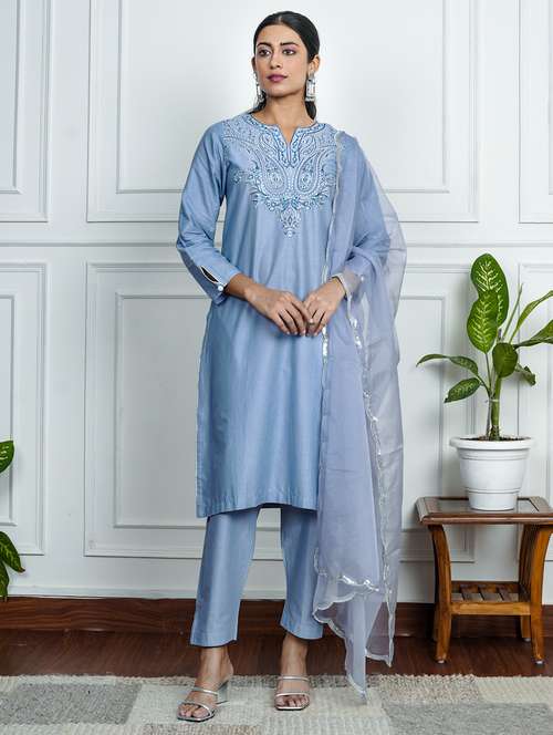 women solid with work long sleeve kurta pant with dupatta set - 22185071 -  Standard Image - 0
