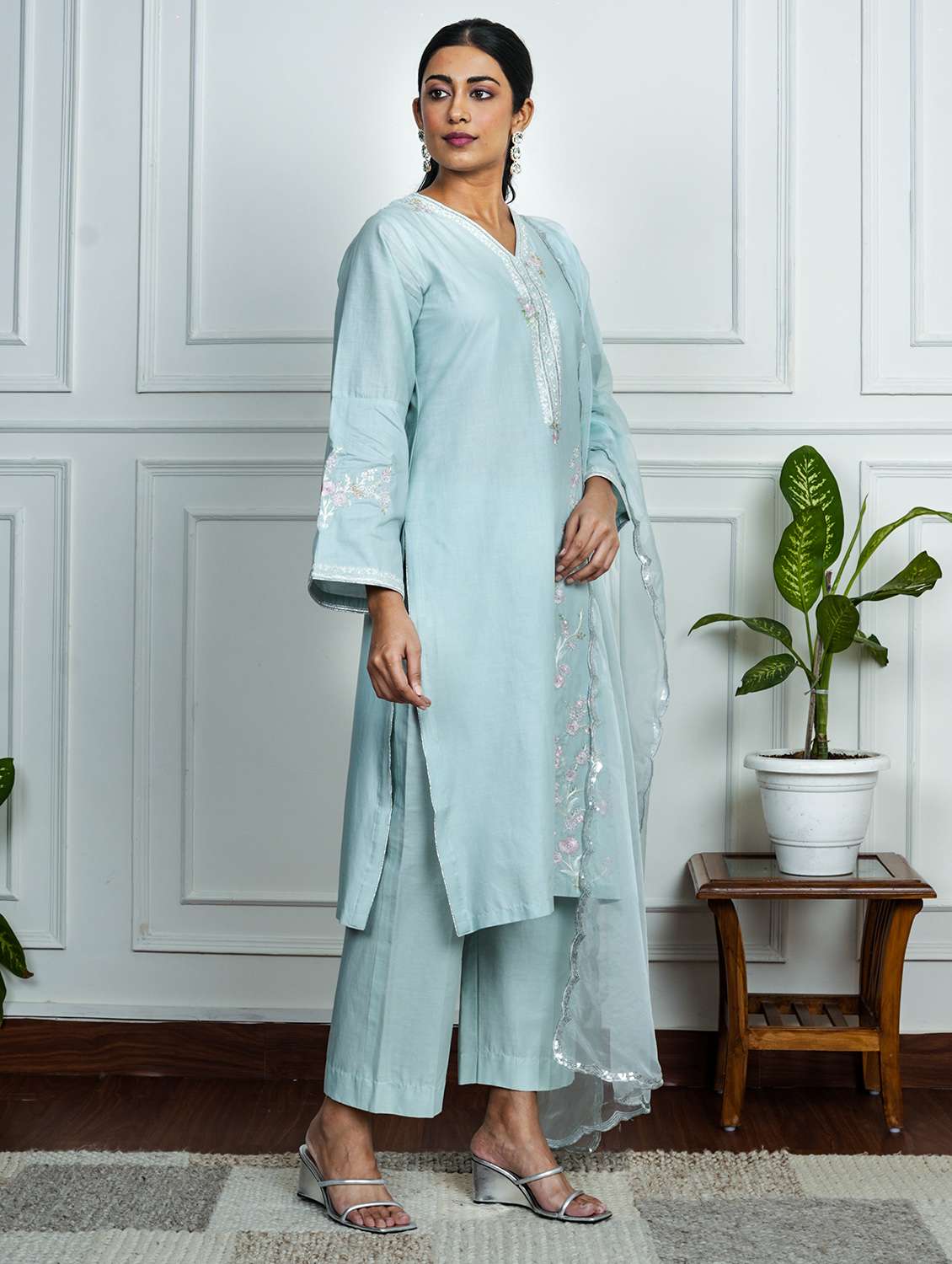 women solid with work long sleeve kurta pant with dupatta set - 22185072 -  Standard Image - 2