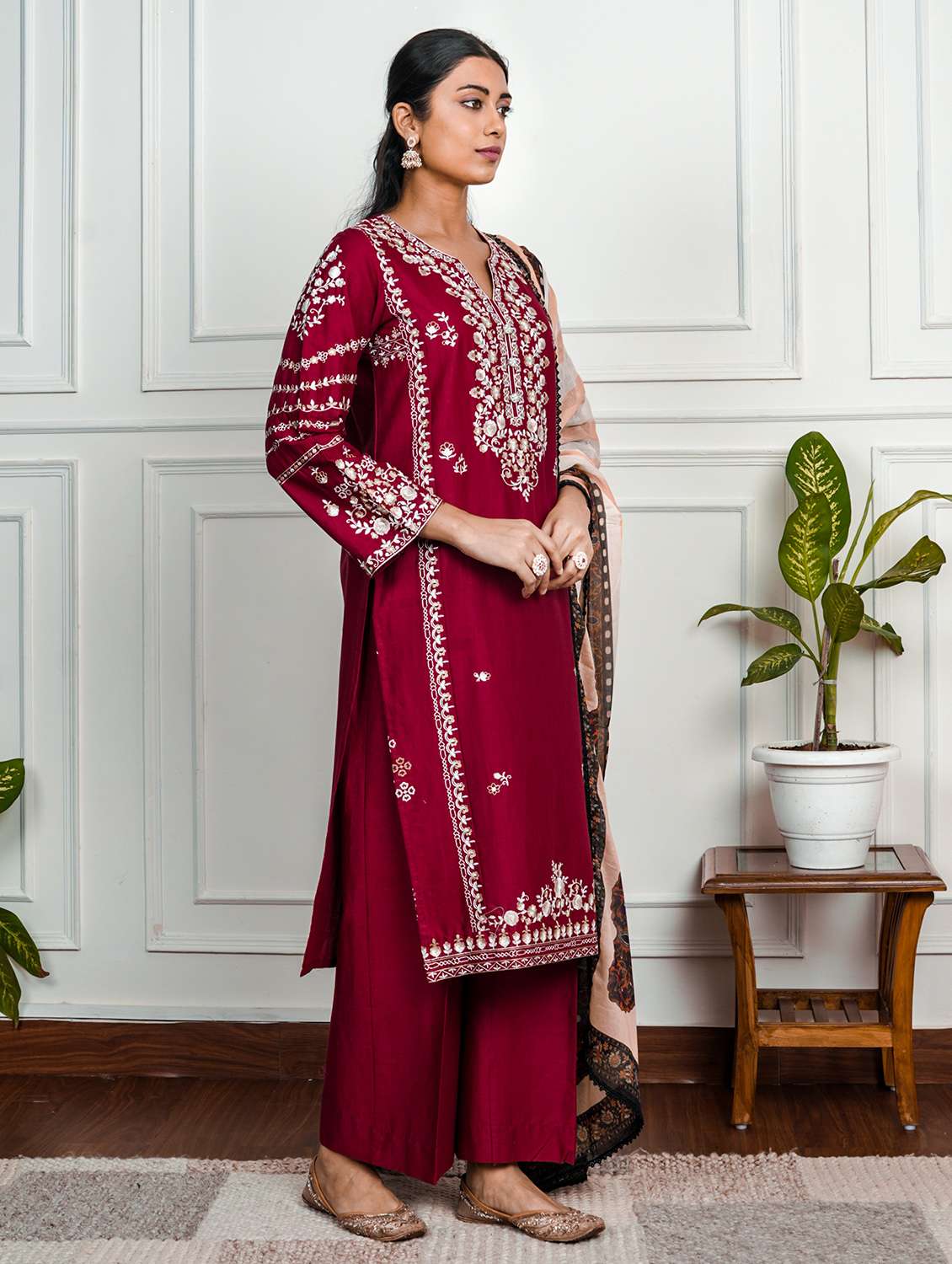 women solid with work long sleeve kurta pant with dupatta set - 22185078 -  Standard Image - 2