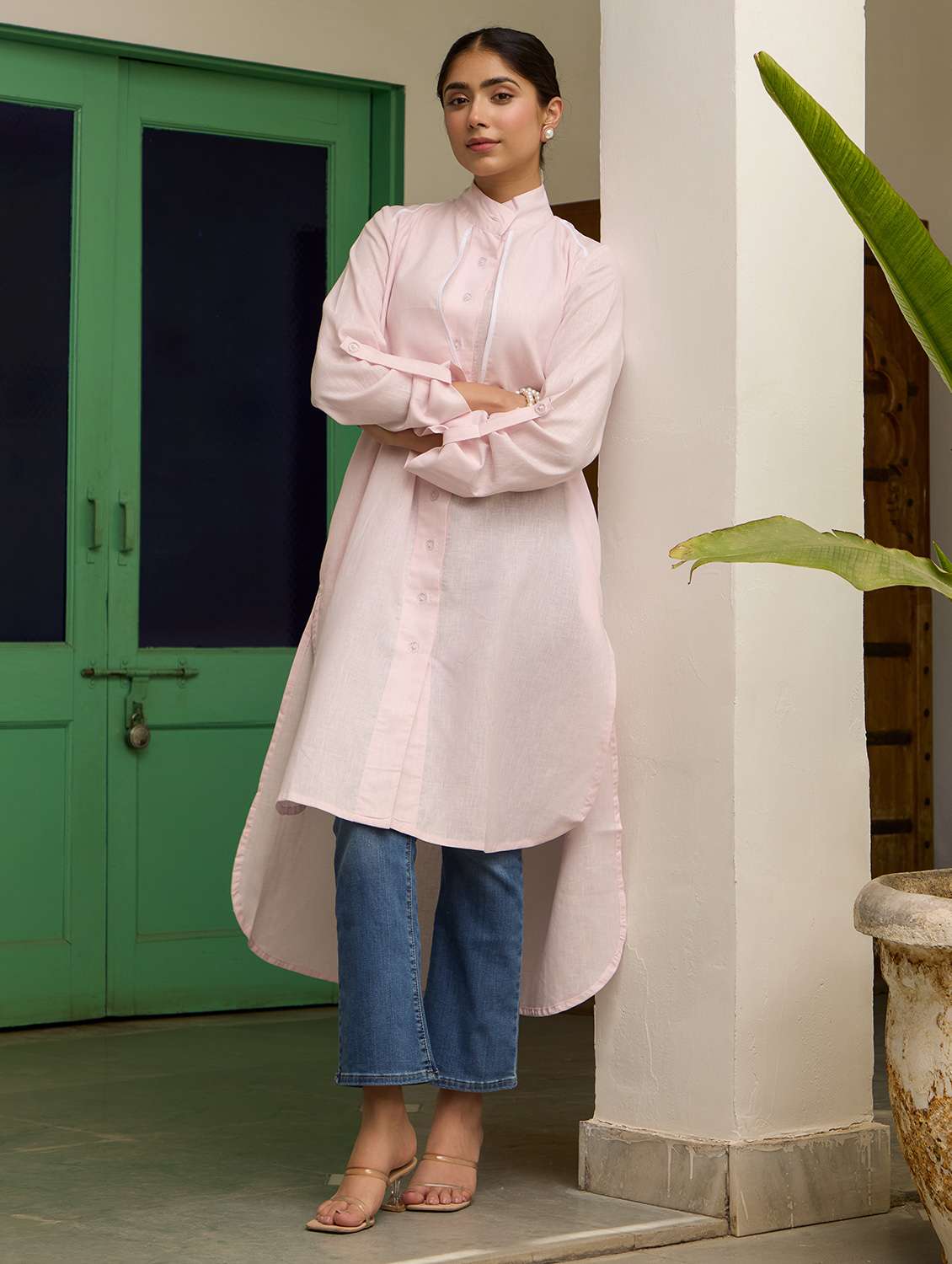 women solid long sleeve high low kurta