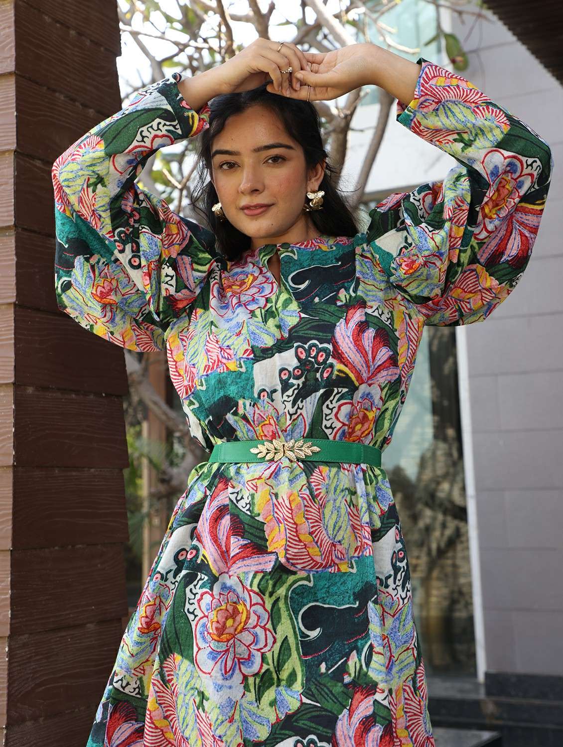 women printed puff sleeve a-line dress - 22185113 -  Standard Image - 2