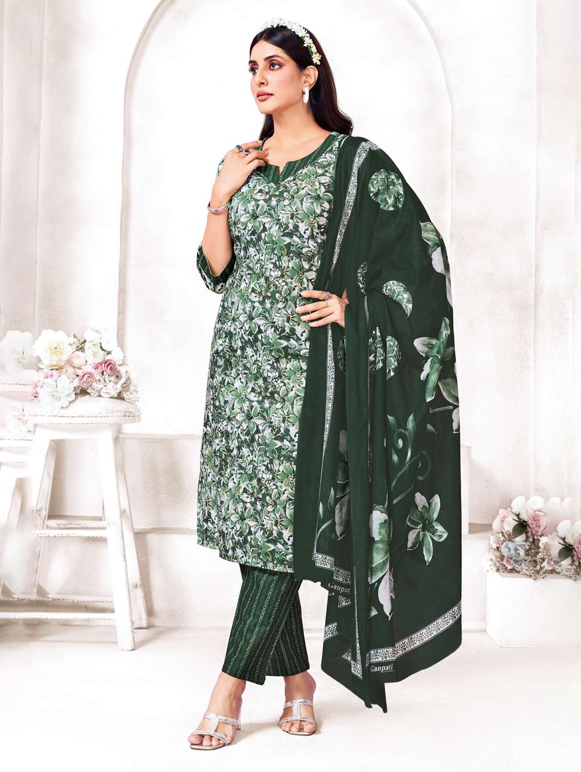 women floral printed three quarter sleeve kurta pant with dupatta set