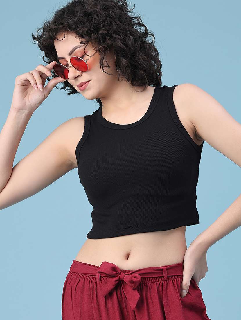 women solid sleeveless crop t-shirt