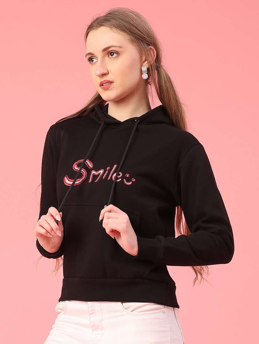 women embroidered long sleeve hooded sweatshirt