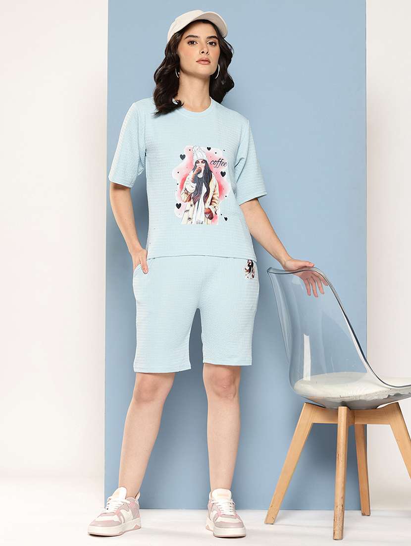 blue nylon top and shorts set coord