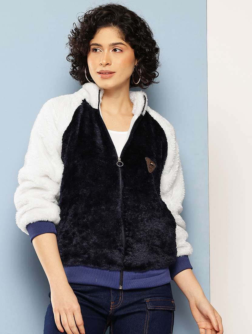 women color blocked long sleeve faux fur jacket