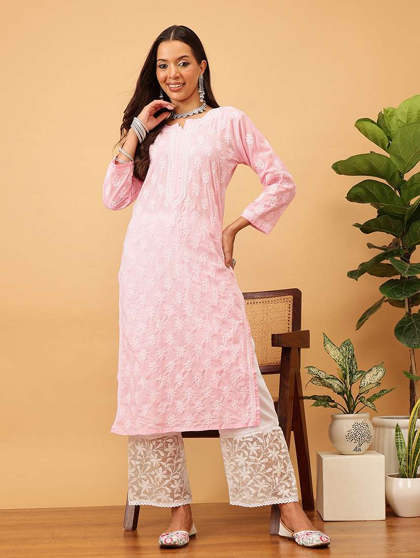 women solid with work long sleeve chikankari straight kurta