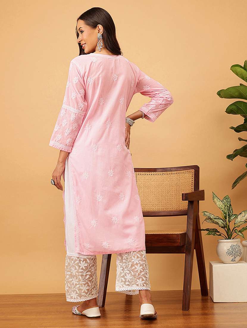 women solid with work long sleeve chikankari straight kurta - 22186315 -  Standard Image - 2