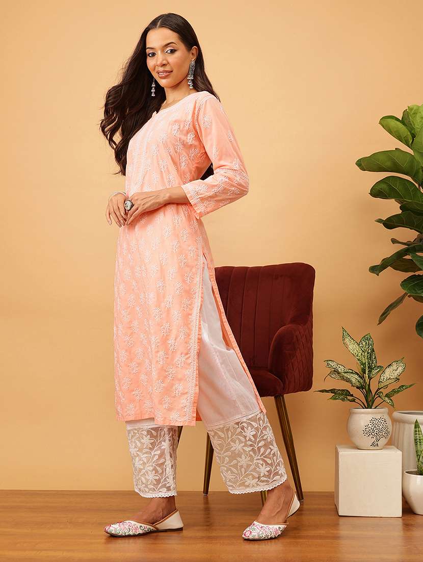 women solid with work long sleeve chikankari straight kurta - 22186316 -  Standard Image - 2