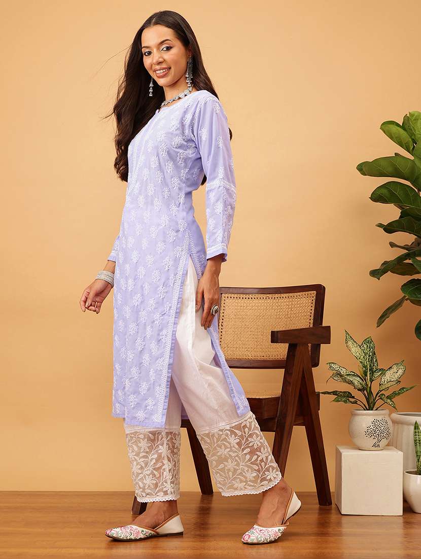 women solid with work long sleeve chikankari straight kurta - 22186317 -  Standard Image - 2