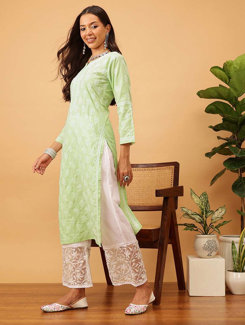 women solid with work long sleeve chikankari straight kurta - 22186318 -  Standard Image - 2