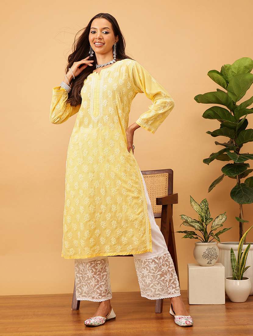 women solid with work long sleeve chikankari straight kurta