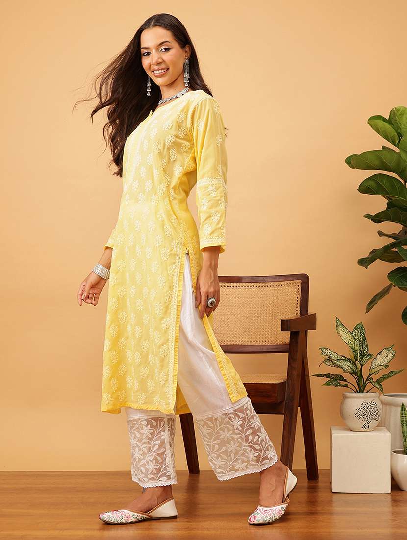 women solid with work long sleeve chikankari straight kurta - 22186321 -  Standard Image - 2