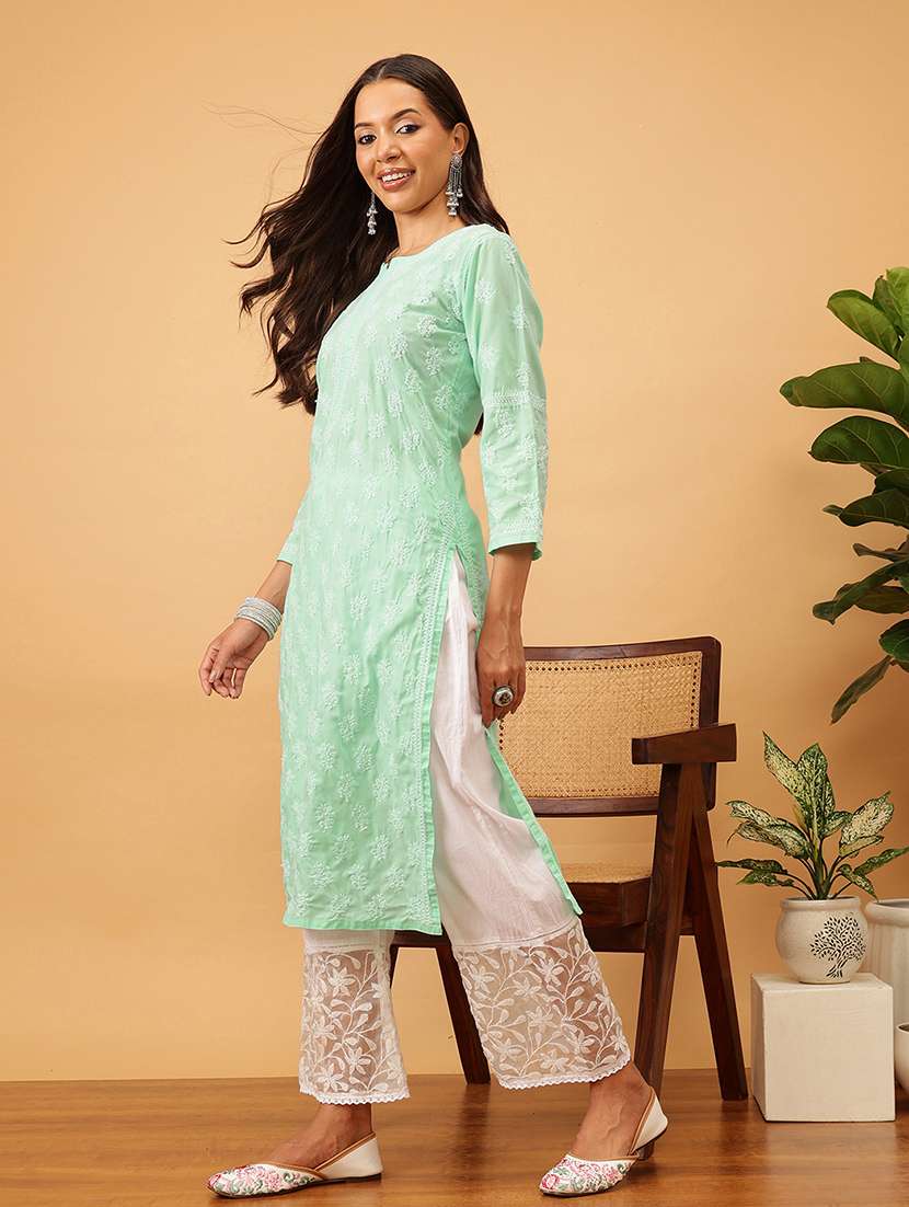 women solid with work long sleeve chikankari straight kurta - 22186322 -  Standard Image - 2