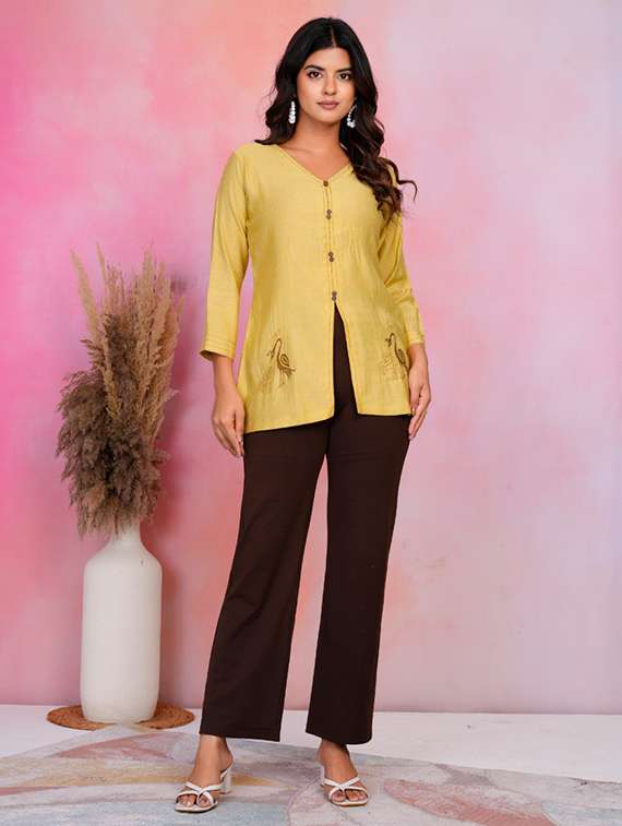 women embroidered long sleeve front slit kurti - 22186923 -  Standard Image - 2