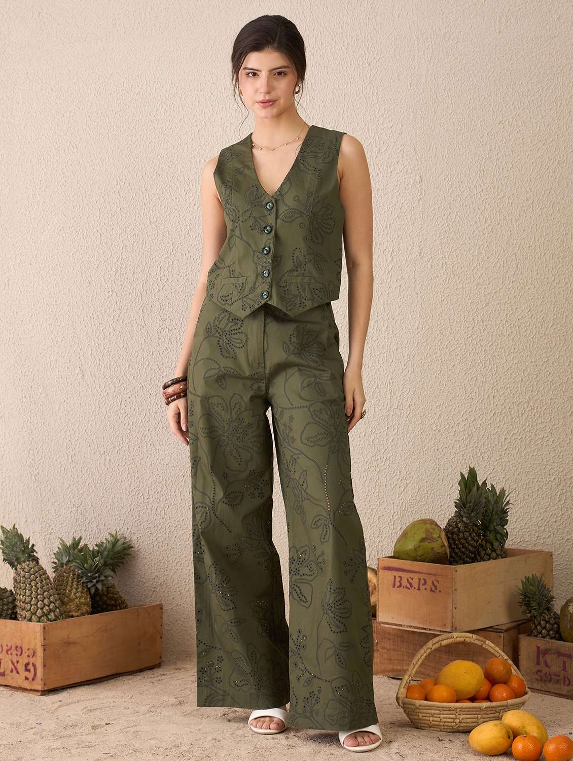 women embroidered vest top and trouser co-ord set