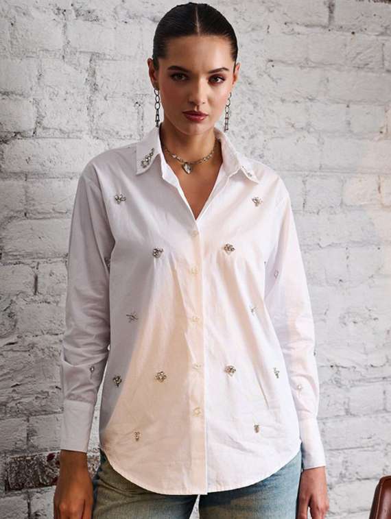 women embellished collared long sleeve shirt