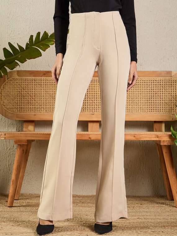 women solid high rise bootcut trouser