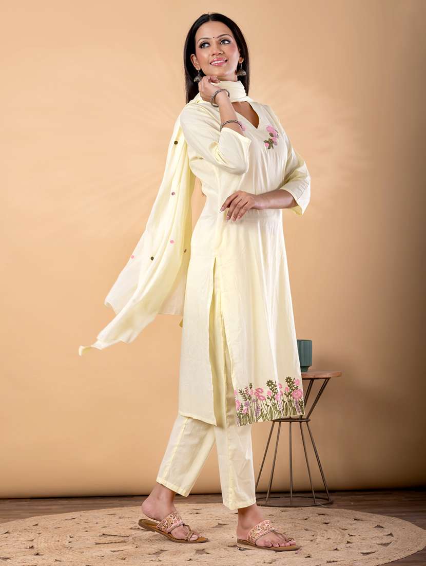 women solid with work three quarter sleeve kurta pant with dupatta set - 22187406 -  Standard Image - 2