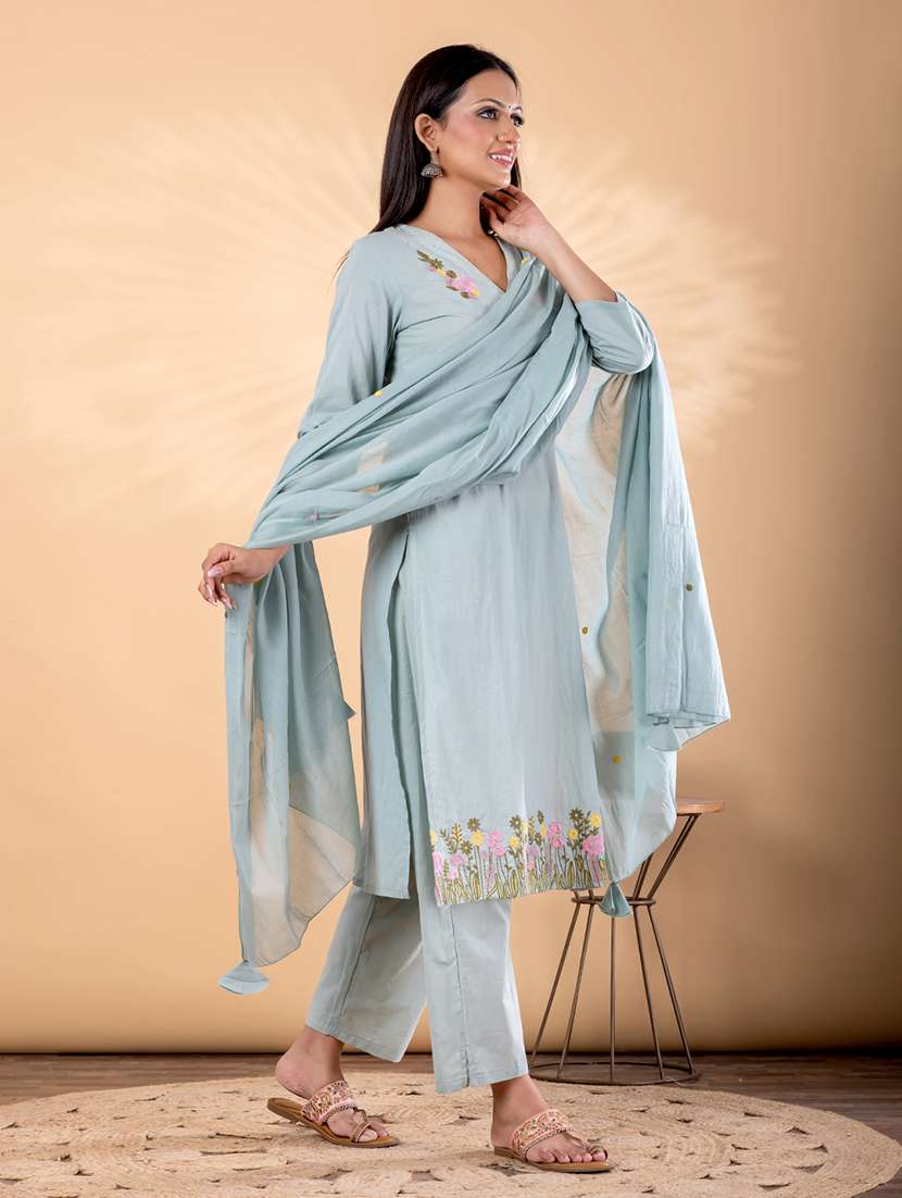 women solid with work three quarter sleeve kurta pant with dupatta set - 22187407 -  Standard Image - 2