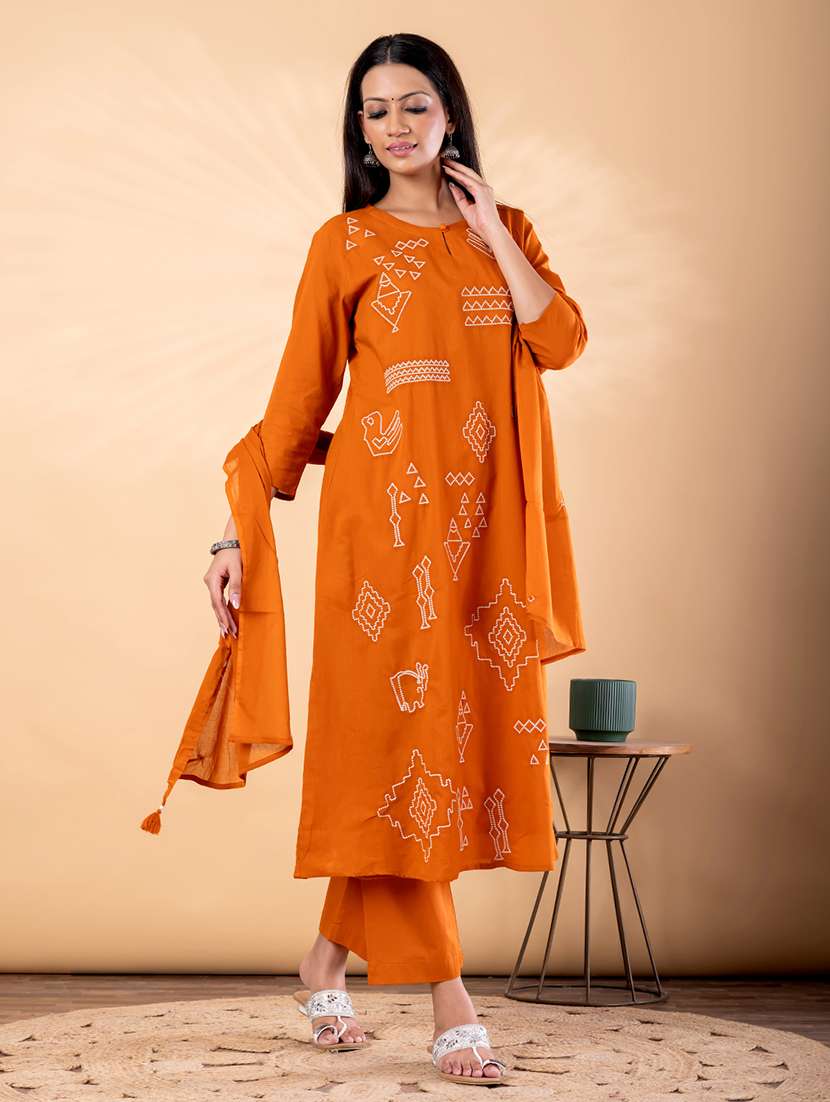 women solid with work three quarter sleeve kurta pant with dupatta set - 22187424 -  Standard Image - 2