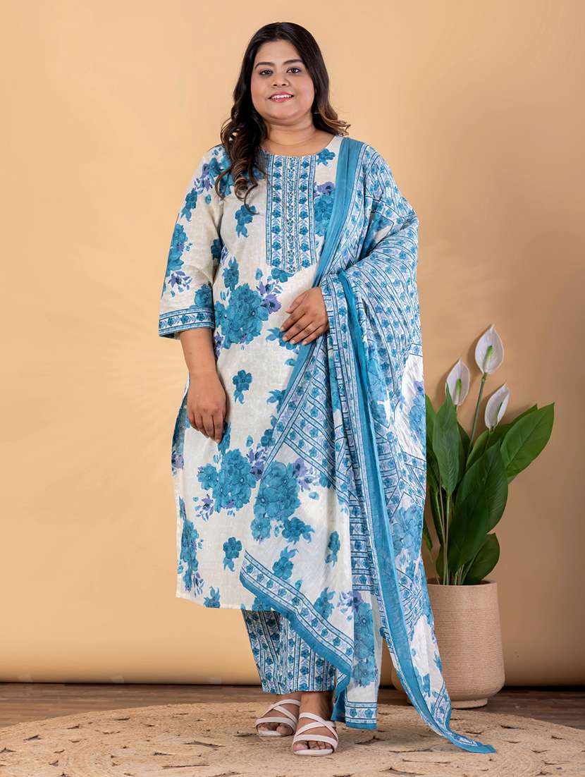 women plus size three quarter sleeve kurta pant with dupatta set
