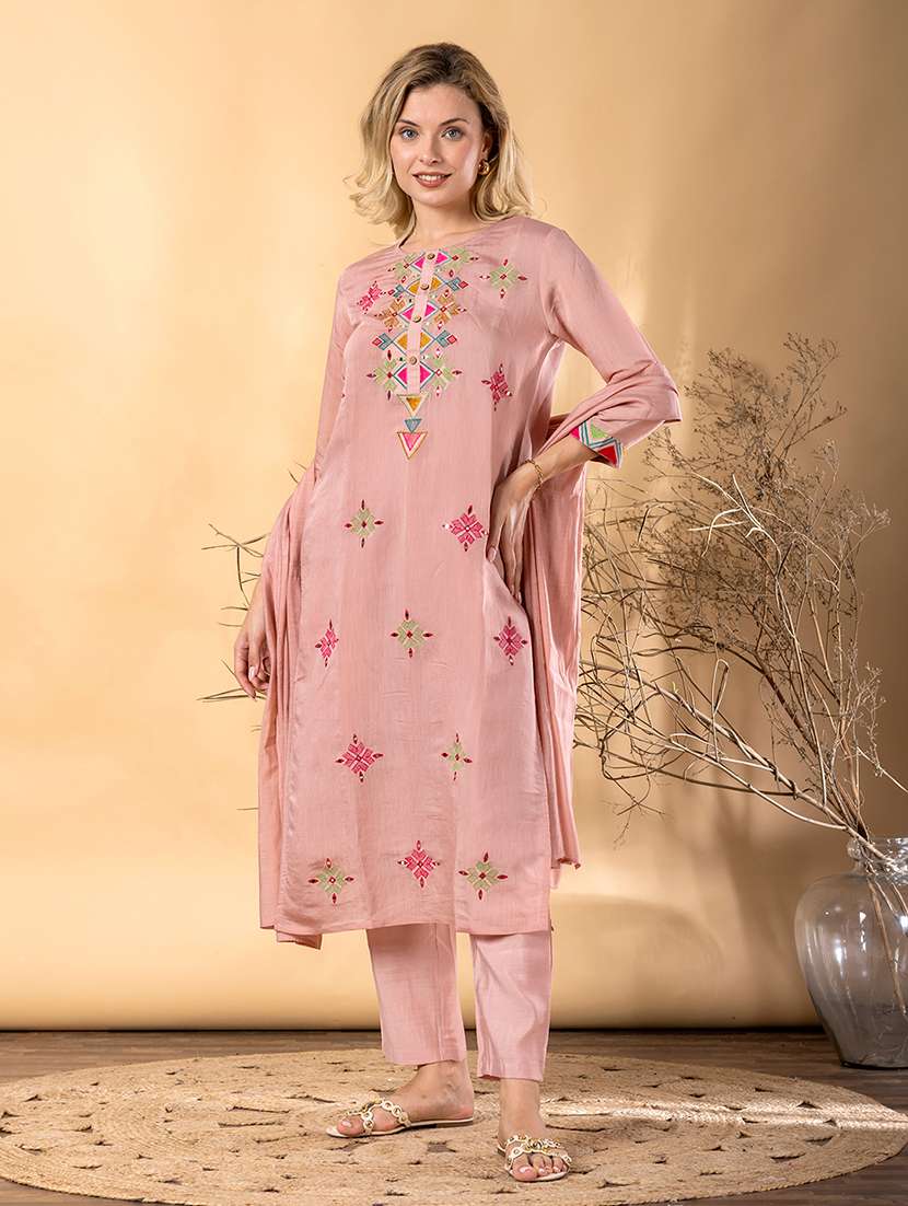women solid with work three quarter sleeve kurta pant with dupatta set - 22187441 -  Standard Image - 2
