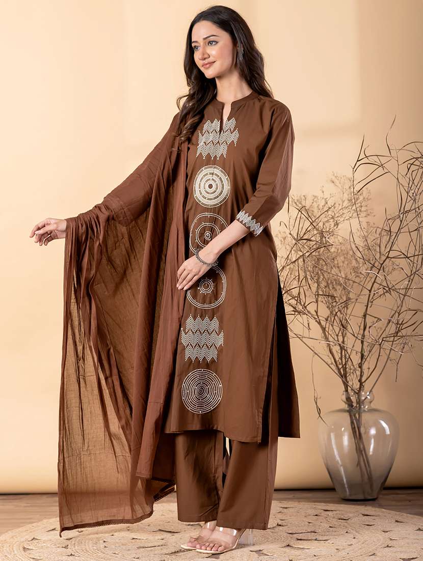 women solid with work three quarter sleeve kurta palazzo with dupatta set - 22187451 -  Standard Image - 2