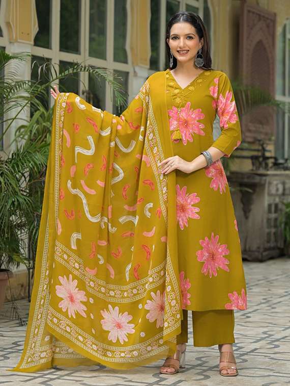 women floral three quarter sleeve kurta palazzo with dupatta set - 22187456 -  Standard Image - 2