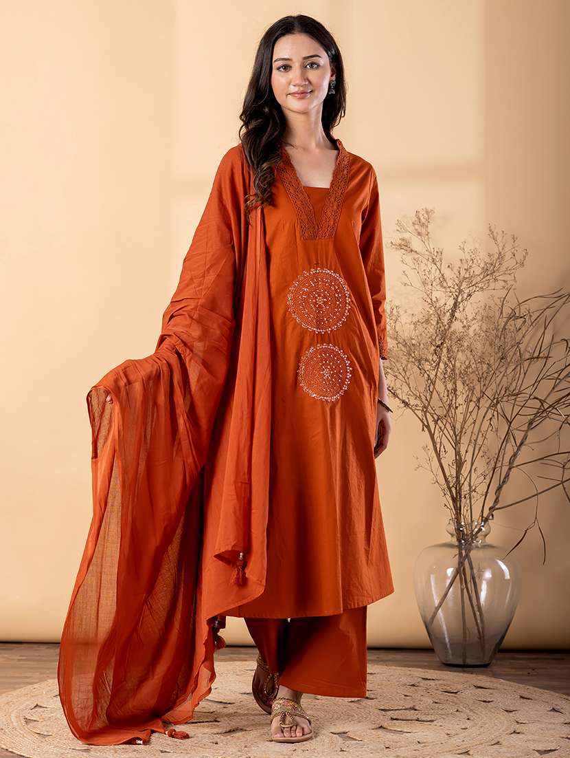 women solid with work three quarter sleeve kurta palazzo with dupatta set