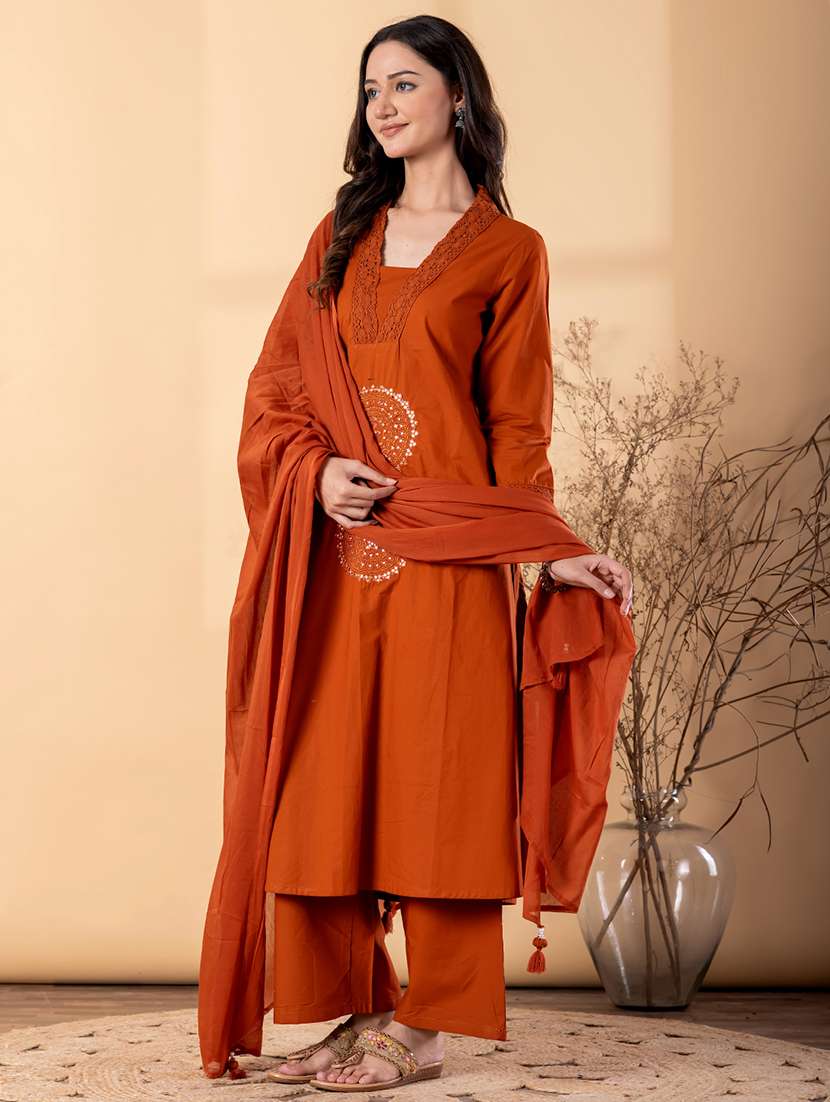 women solid with work three quarter sleeve kurta palazzo with dupatta set - 22187459 -  Standard Image - 2