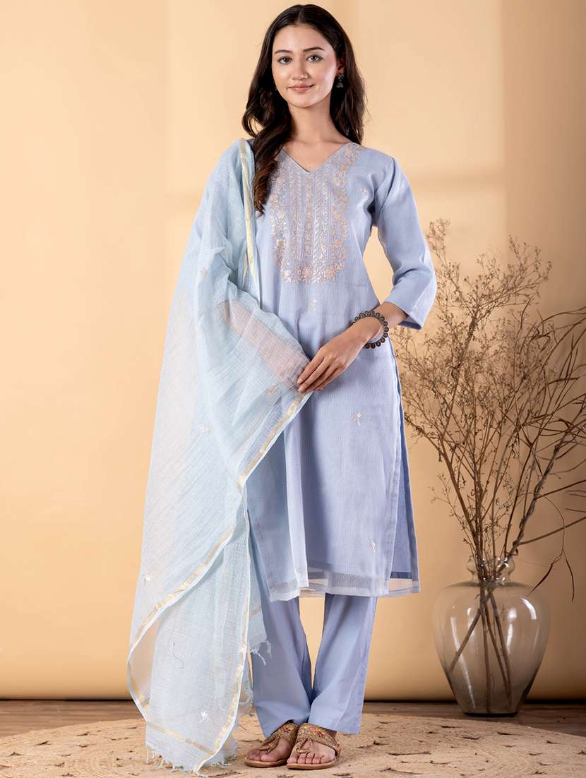 women solid with work three quarter sleeve kurta pant with dupatta set
