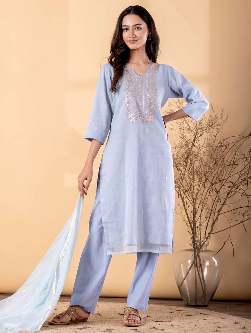 women solid with work three quarter sleeve kurta pant with dupatta set - 22187464 -  Standard Image - 2