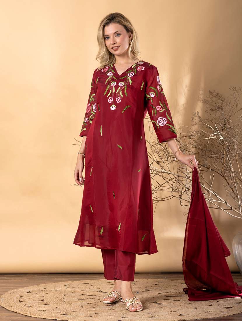 women solid with work three quarter sleeve kurta pant with dupatta set - 22187465 -  Standard Image - 2