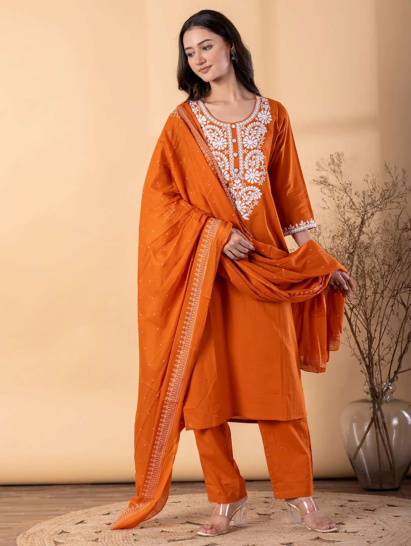 women solid with work three quarter sleeve kurta pant with dupatta set - 22187468 -  Standard Image - 2