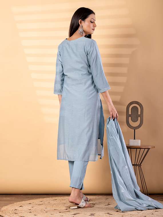 women solid with work three quarter sleeve kurta pant with dupatta set - 22187489 -  Standard Image - 2