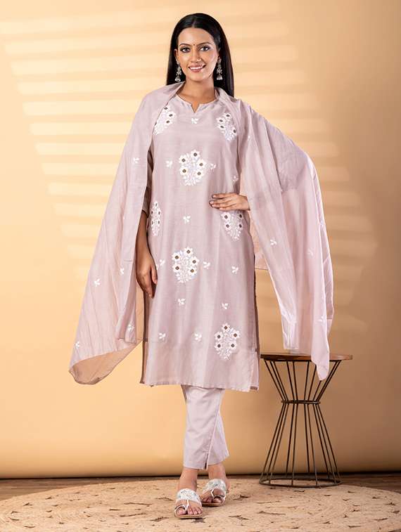 women solid with work three quarter sleeve kurta pant with dupatta set - 22187490 -  Standard Image - 2