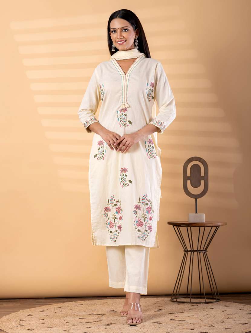 women solid with work three quarter sleeve kurta pant with dupatta set - 22187497 -  Standard Image - 2