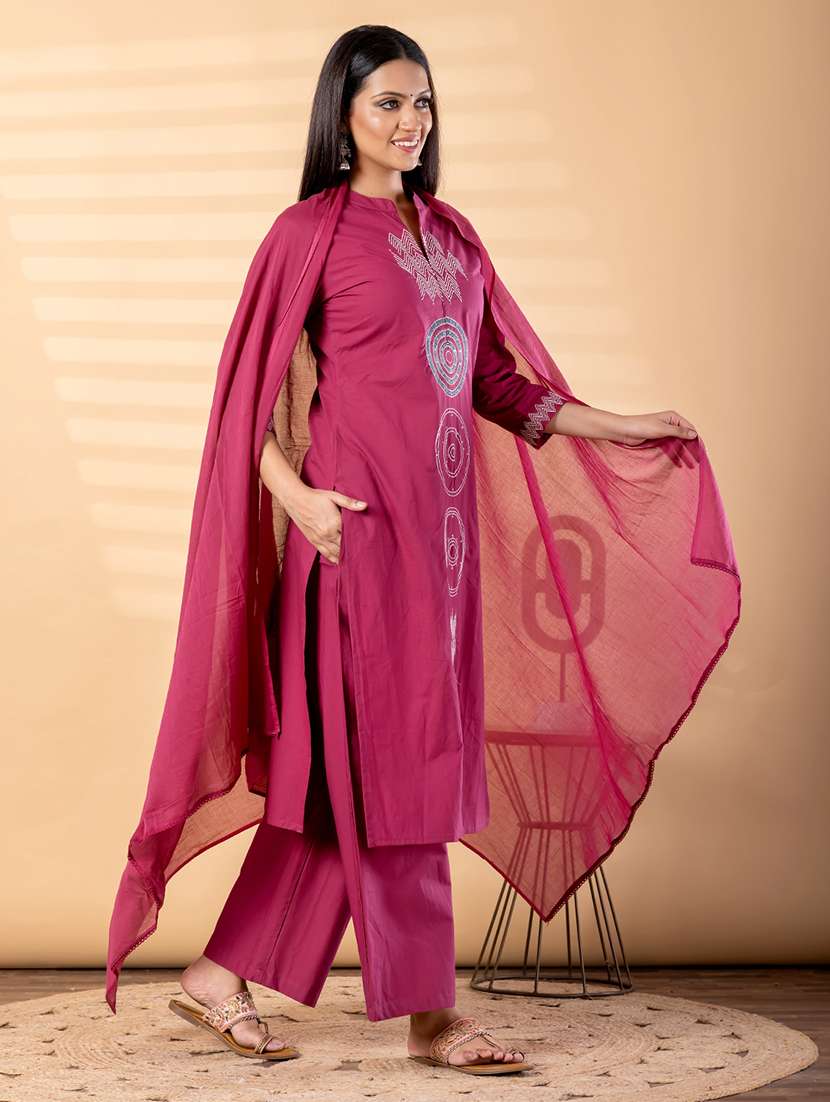 women solid with work three quarter sleeve kurta palazzo with dupatta set - 22187508 -  Standard Image - 2