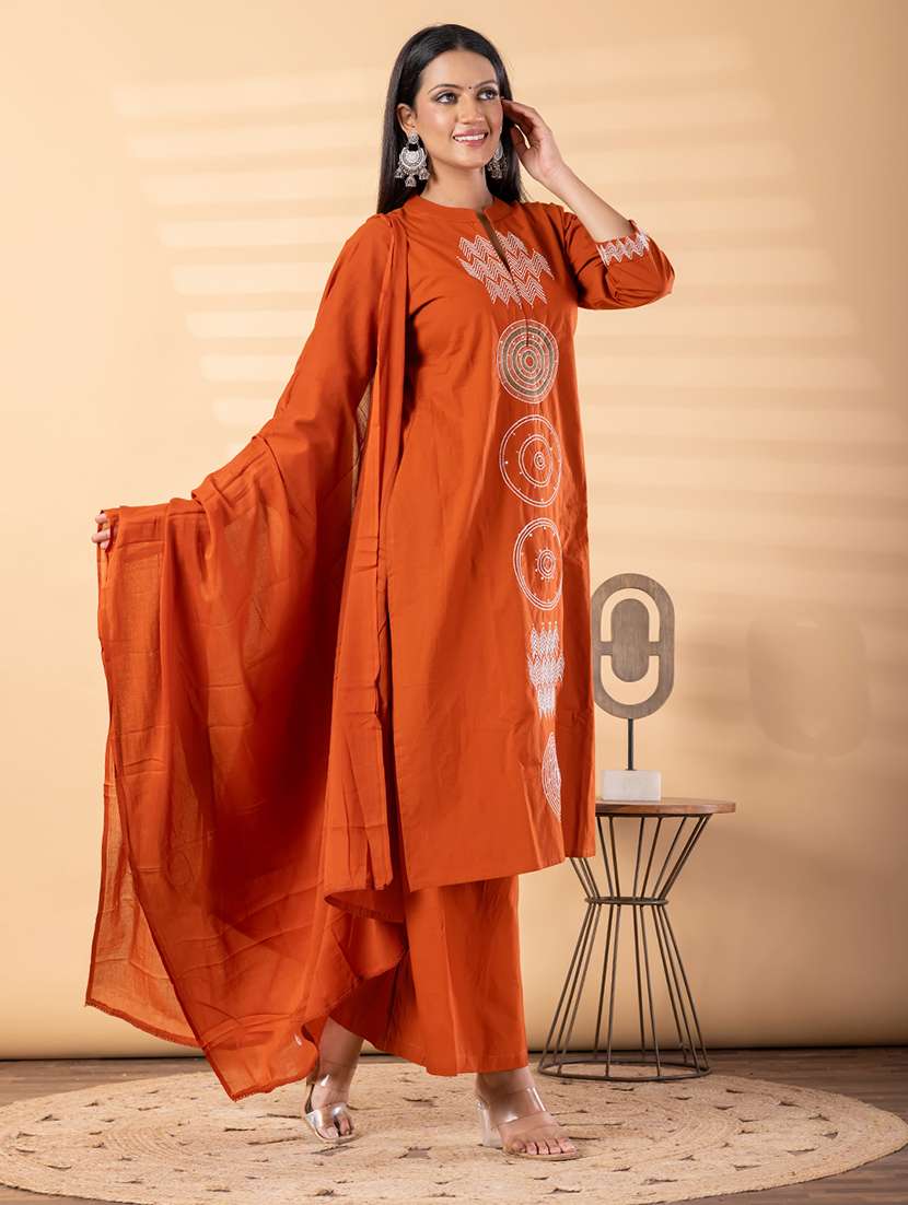 women solid with work three quarter sleeve kurta palazzo with dupatta set - 22187509 -  Standard Image - 2