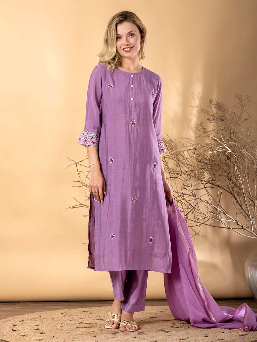 women solid with work three quarter sleeve kurta pant with dupatta set - 22187514 -  Standard Image - 2
