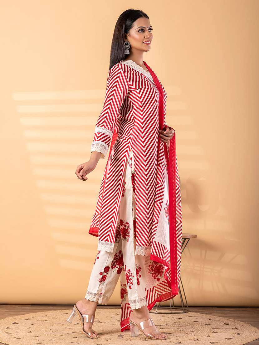 women chevron three quarter sleeve kurta pant with dupatta set - 22187528 -  Standard Image - 2