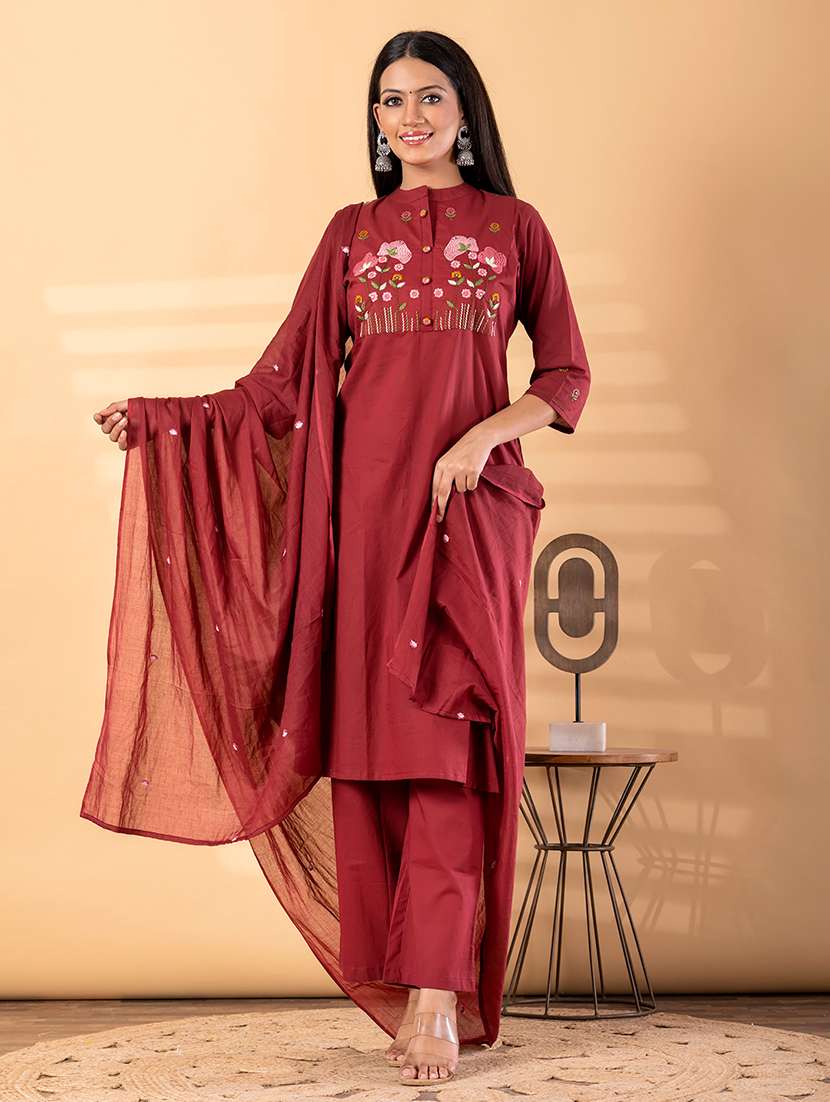 women solid with work three quarter sleeve kurta pant with dupatta set - 22187530 -  Standard Image - 2