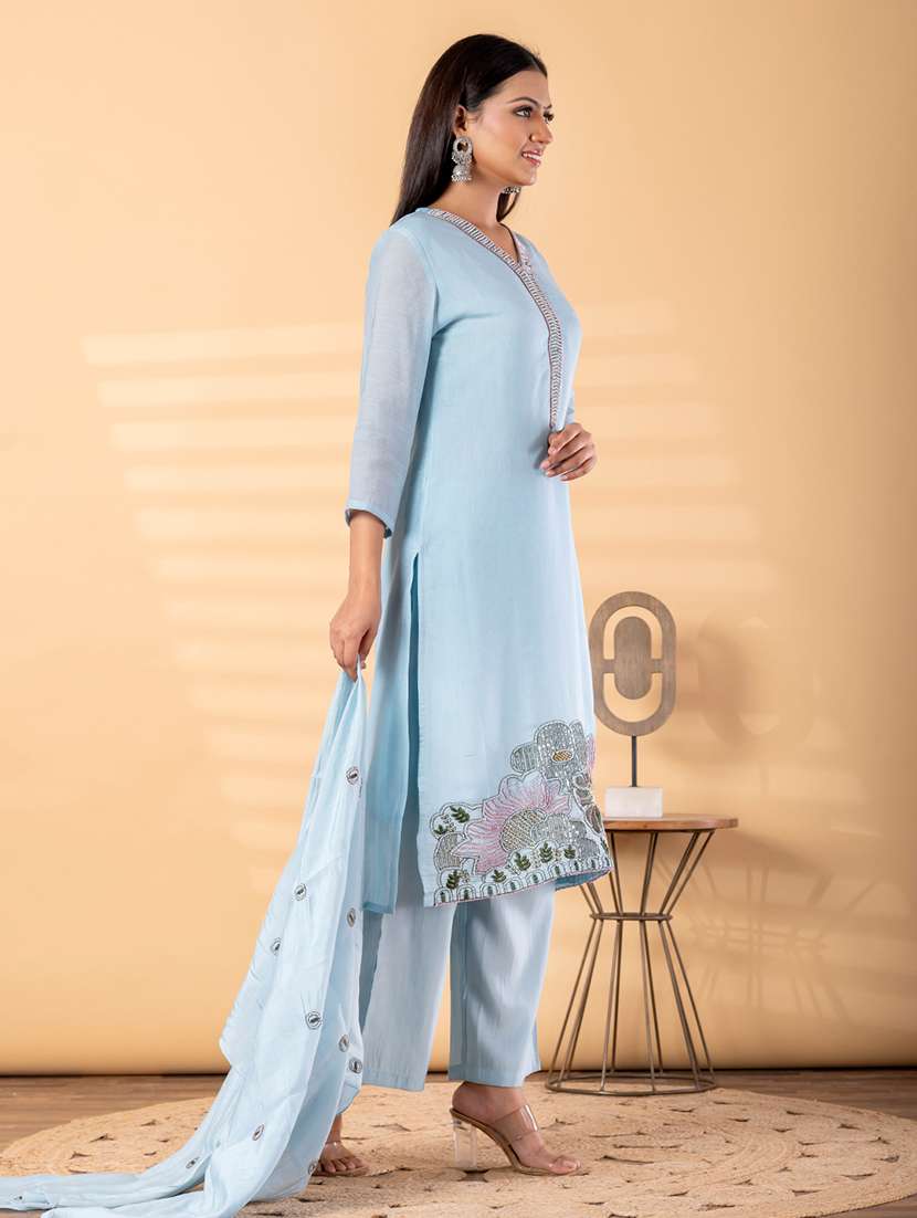 women solid with work three quarter sleeve kurta pant with dupatta set - 22187532 -  Standard Image - 2