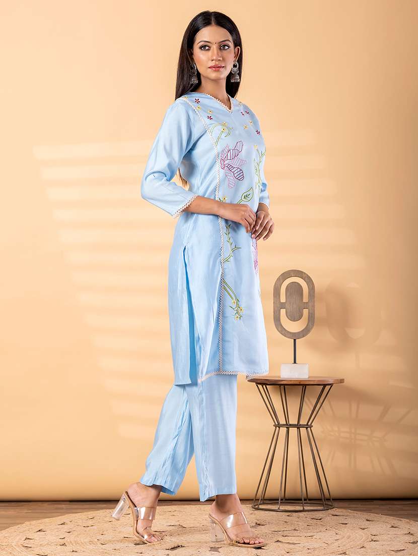 women solid with work three quarter sleeve kurta pant set - 22187533 -  Standard Image - 2