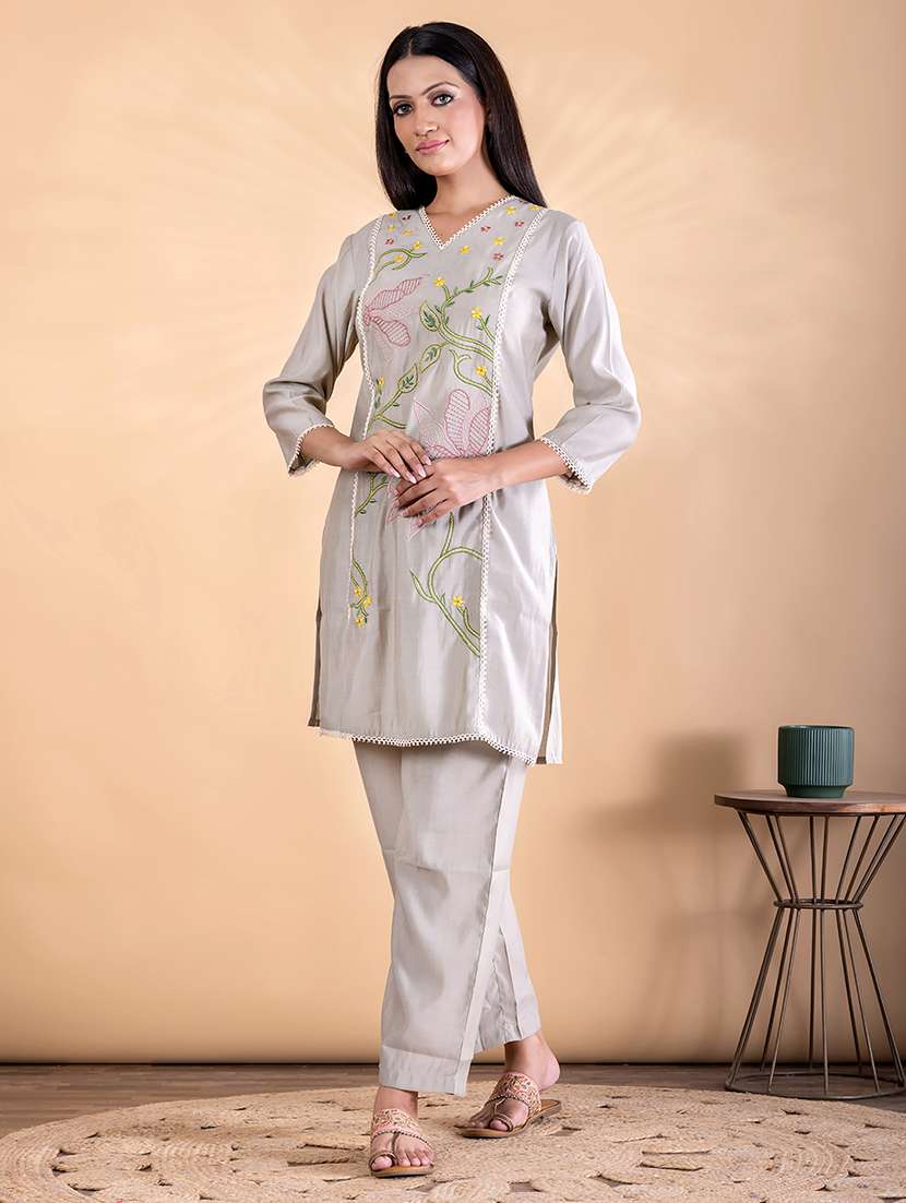 women solid with work three quarter sleeve kurta pant set - 22187534 -  Standard Image - 2